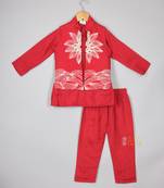 Kurta with flower embroidered open jacket with pyjama