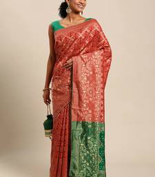 Red jacquard cotton silk blend banarasi bandhani fusion Saree