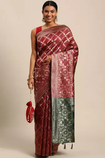 Maroon jacquard cotton silk blend banarasi bandhani Saree