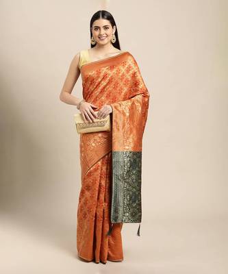Orange jacquard cotton silk blend banarasi bandhani Saree 1