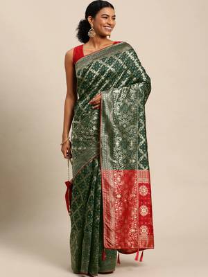 Bottle green jacquard cotton silk blend banarasi bandhani saree 1