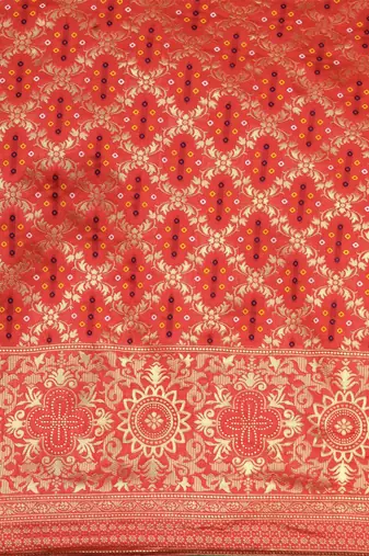 Red jacquard cotton silk blend banarasi bandhani fusion Saree