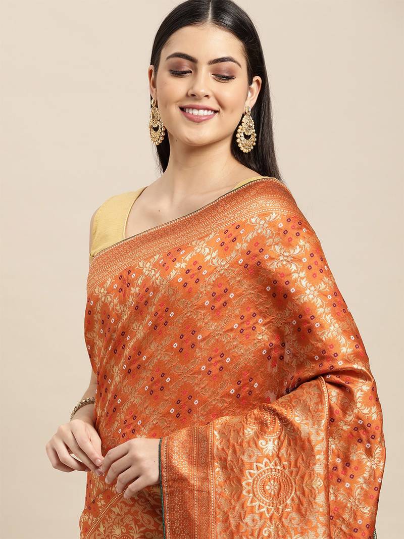 Orange jacquard cotton silk blend banarasi bandhani Saree