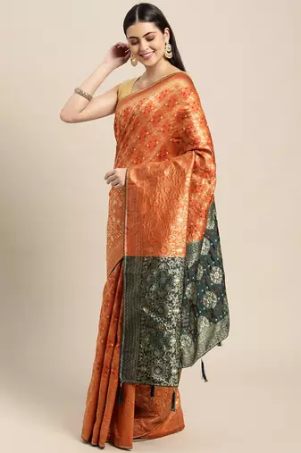 Orange jacquard cotton silk blend banarasi bandhani Saree