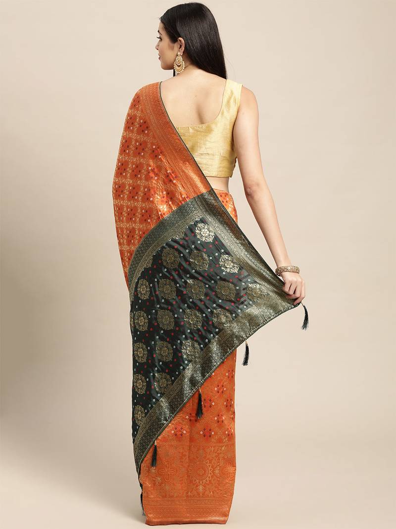 Orange jacquard cotton silk blend banarasi bandhani Saree