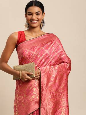 Hot pink jacquard cotton silk blend banarasi bandhani Saree 2