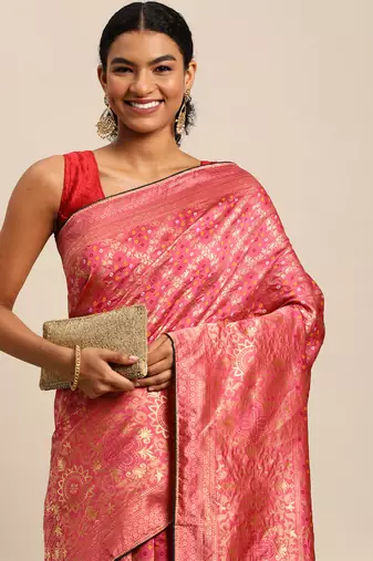 Hot pink jacquard cotton silk blend banarasi bandhani Saree