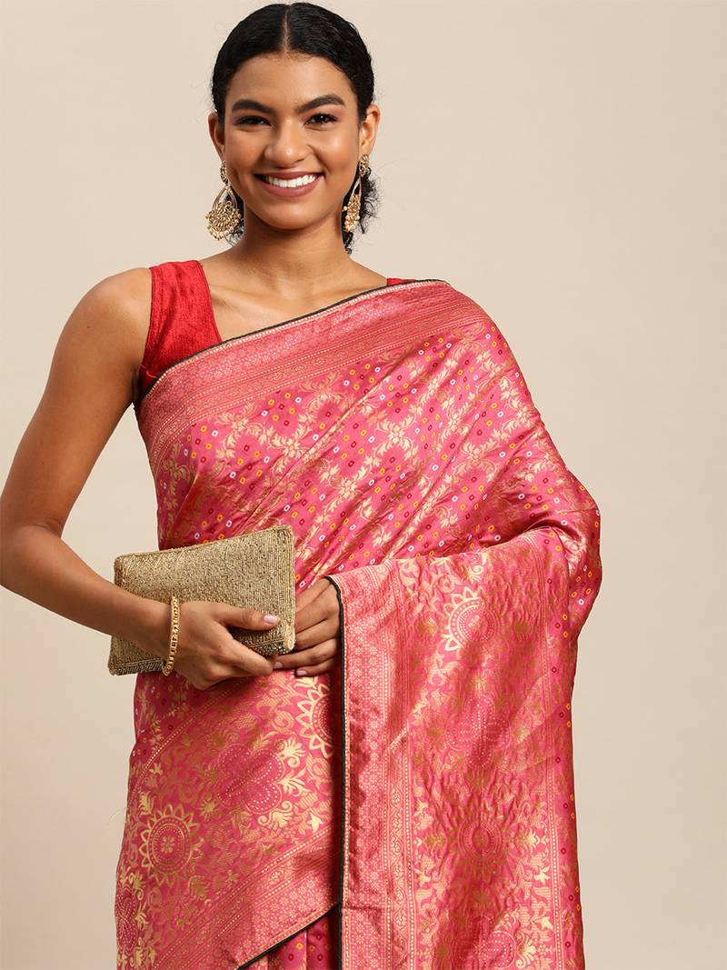 Hot pink jacquard cotton silk blend banarasi bandhani Saree