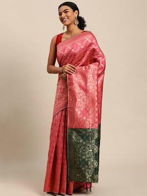 Hot pink jacquard cotton silk blend banarasi bandhani Saree 3