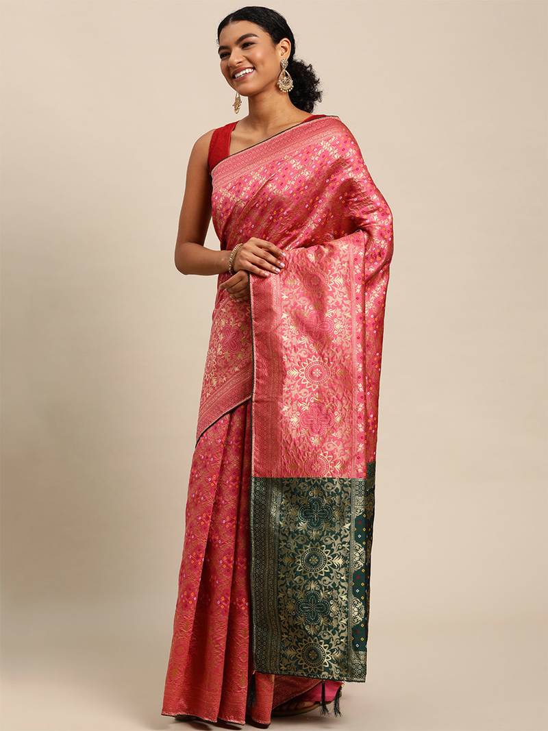 Hot pink jacquard cotton silk blend banarasi bandhani Saree