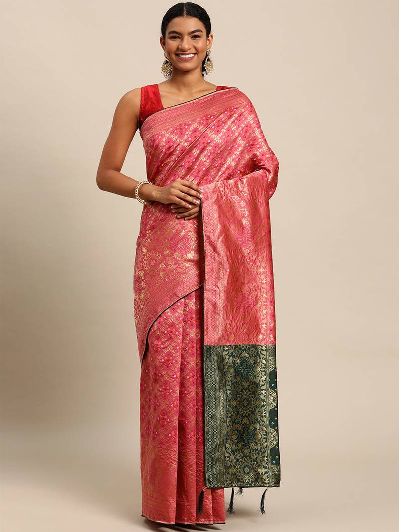 Hot pink jacquard cotton silk blend banarasi bandhani Saree