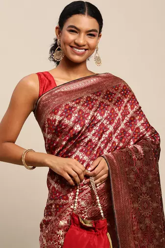 Maroon jacquard cotton silk blend banarasi bandhani Saree