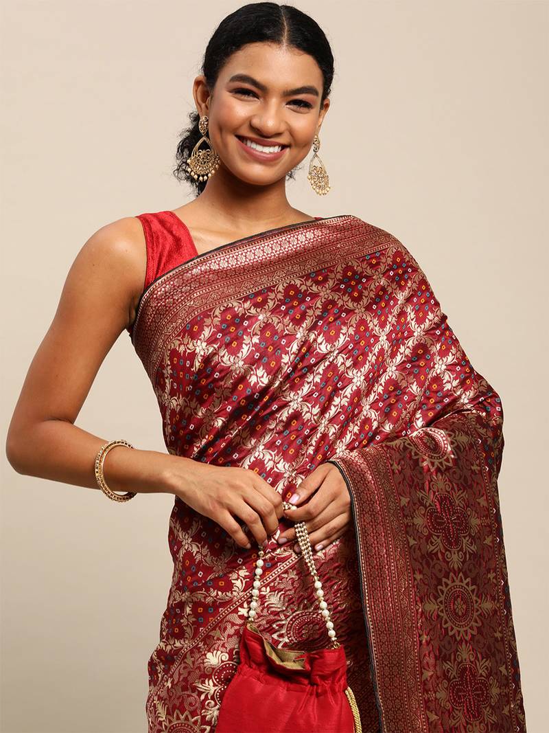 Maroon jacquard cotton silk blend banarasi bandhani Saree