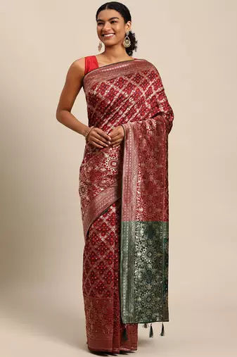 Maroon jacquard cotton silk blend banarasi bandhani Saree