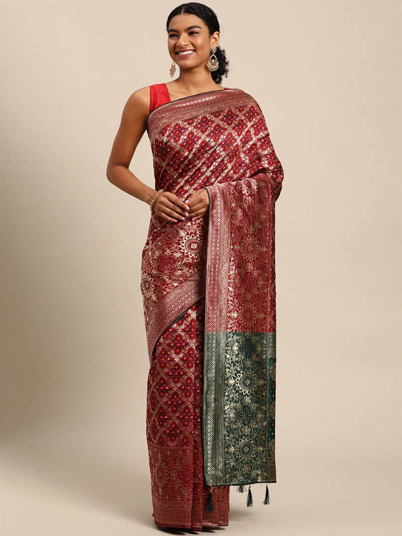Maroon jacquard cotton silk blend banarasi bandhani Saree