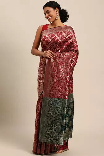 Maroon jacquard cotton silk blend banarasi bandhani Saree