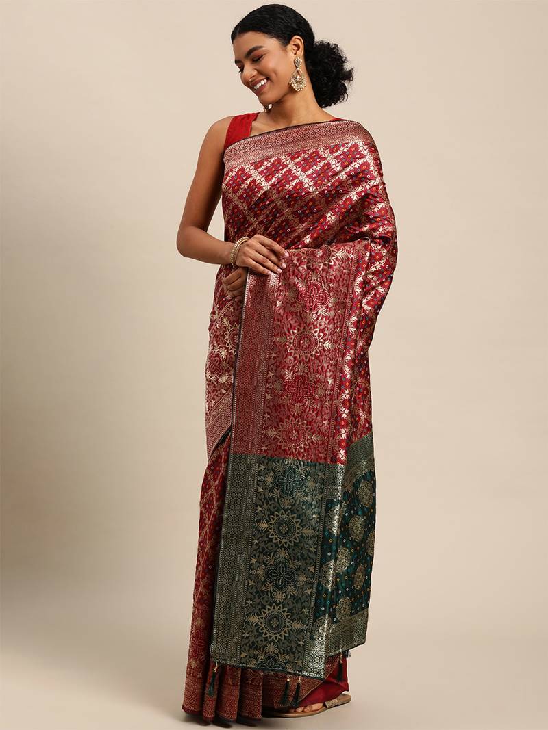 Maroon jacquard cotton silk blend banarasi bandhani Saree
