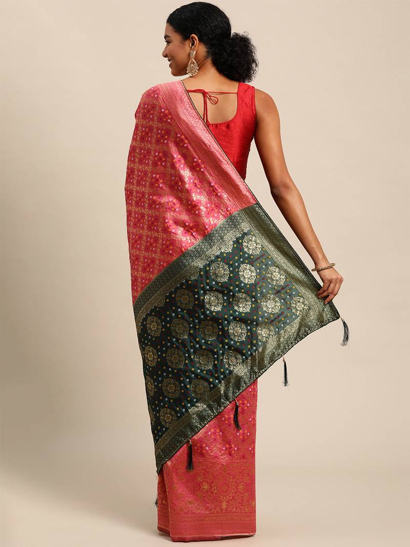 Hot pink jacquard cotton silk blend banarasi bandhani Saree