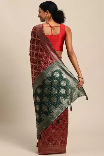 Maroon jacquard cotton silk blend banarasi bandhani Saree