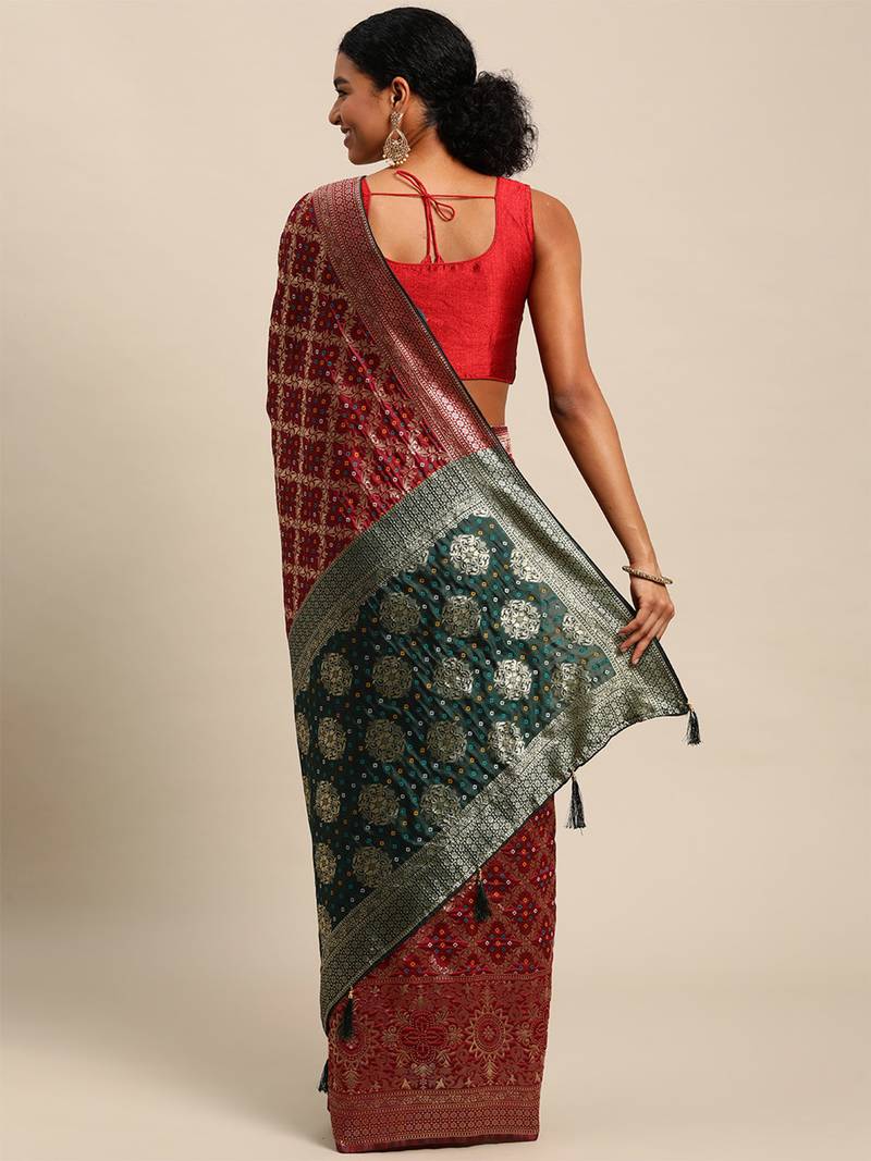 Maroon jacquard cotton silk blend banarasi bandhani Saree