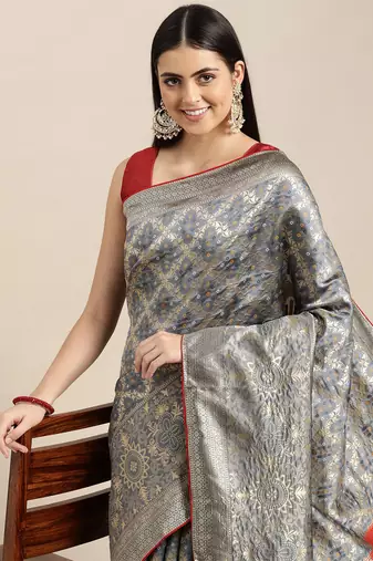 Grey jacquard cotton silk blend banarasi bandhani Saree