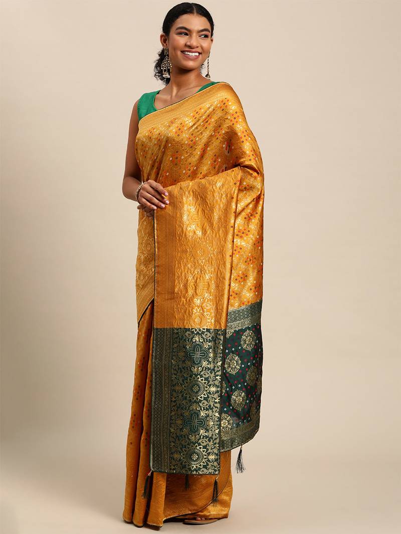 Yellow jacquard cotton silk blend banarasi bandhani Saree