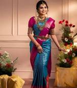 Blue woven kanjeevaram jacquard silk blend saree with blouse piece