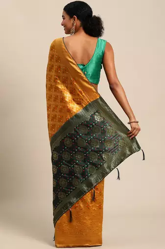 Yellow jacquard cotton silk blend banarasi bandhani Saree