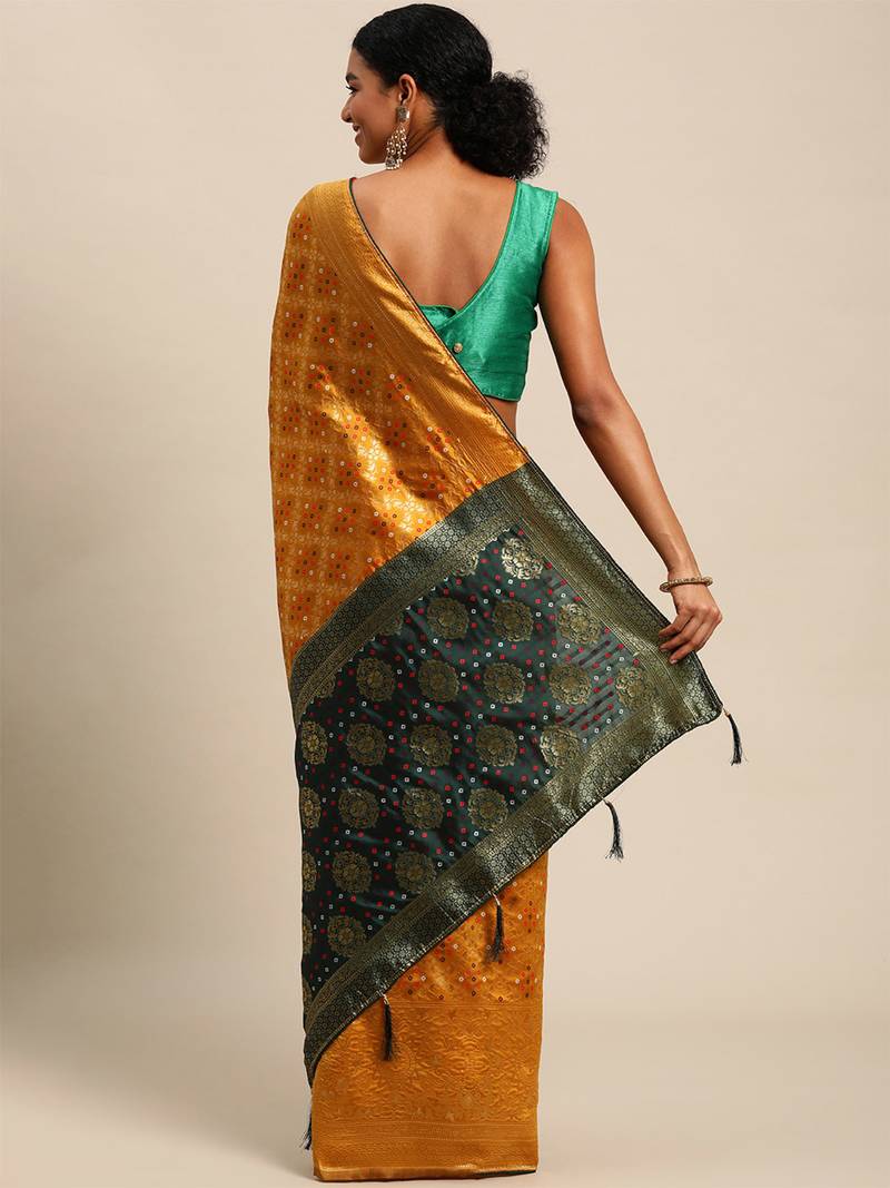 Yellow jacquard cotton silk blend banarasi bandhani Saree