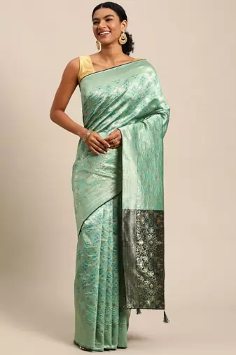 Pista green jacquard cotton silk blend banarasi bandhani saree