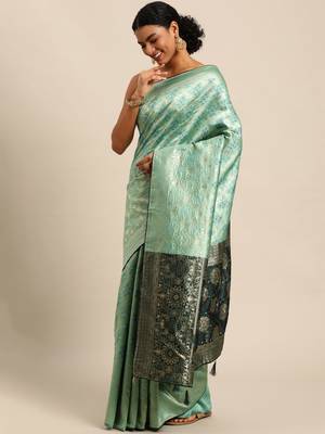 Pista green jacquard cotton silk blend banarasi bandhani saree 4