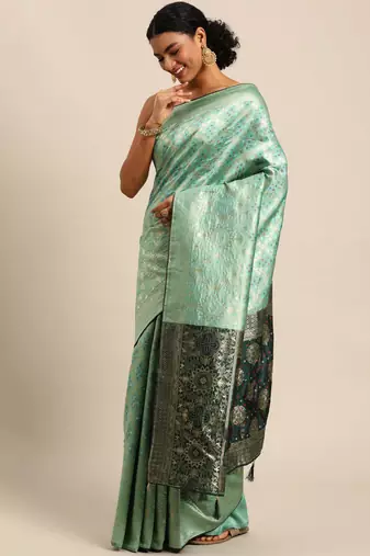 Pista green jacquard cotton silk blend banarasi bandhani saree