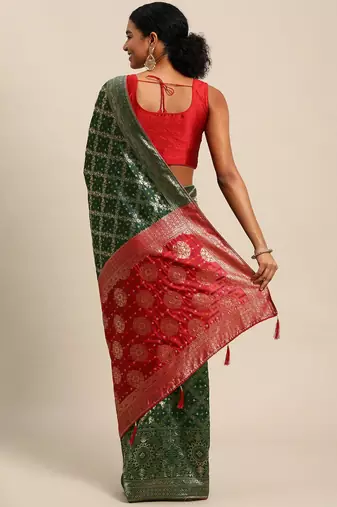 Bottle green jacquard cotton silk blend banarasi bandhani saree