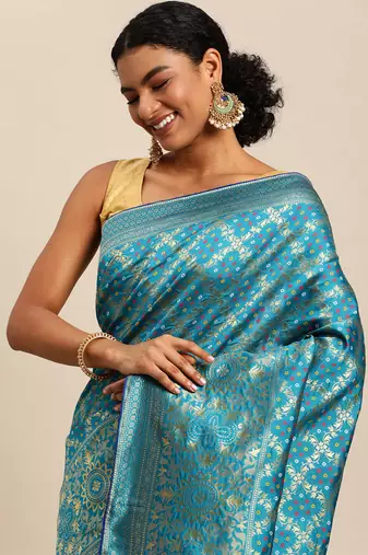 Firozi jacquard cotton silk blend banarasi bandhani saree