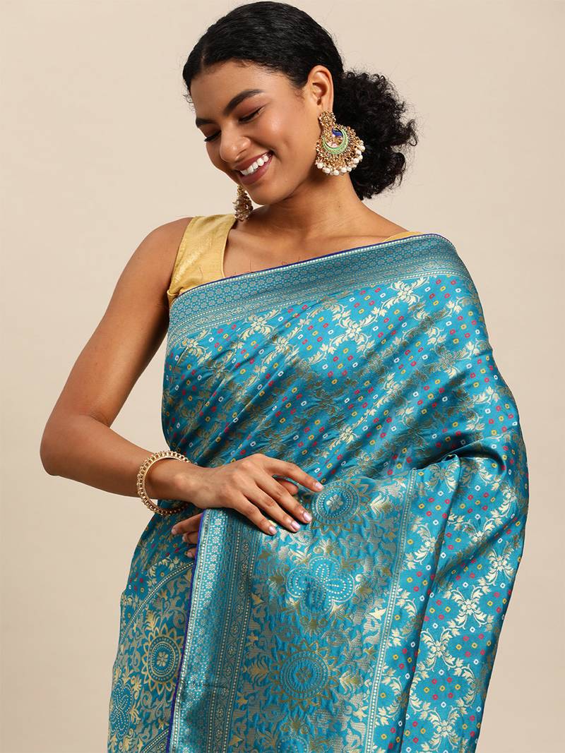 Firozi jacquard cotton silk blend banarasi bandhani saree