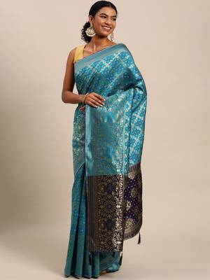 Firozi jacquard cotton silk blend banarasi bandhani saree 3