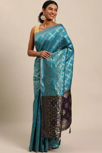 Firozi jacquard cotton silk blend banarasi bandhani saree