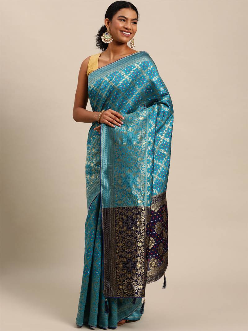 Firozi jacquard cotton silk blend banarasi bandhani saree