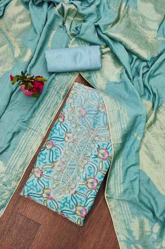 blue organza handwork unstitched dress material