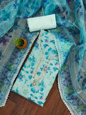 blue organza handwork unstitched dress material 1