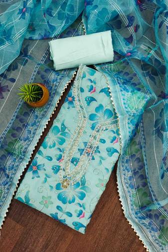 blue organza handwork unstitched dress material