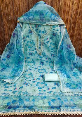blue organza handwork unstitched dress material 2