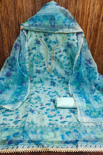 blue organza handwork unstitched dress material