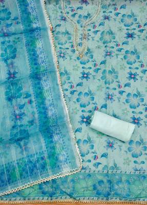 blue organza handwork unstitched dress material 3