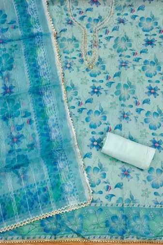 blue organza handwork unstitched dress material