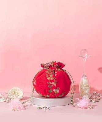 Athena embroidered round potli - red 2