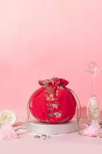 Athena embroidered round potli - red