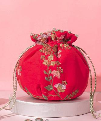 Athena embroidered round potli - red 3