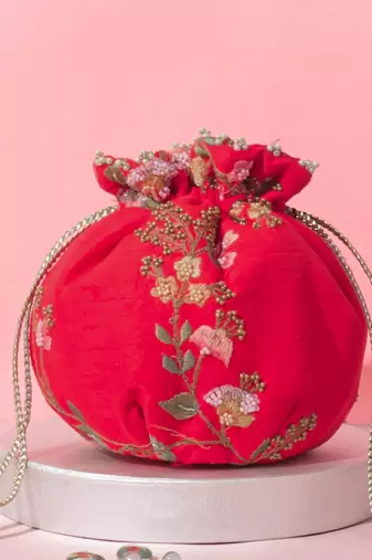 Athena embroidered round potli - red