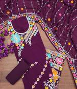 Wine georgette sequin & floral pattern multicolor thread work kurta bottom dupatta